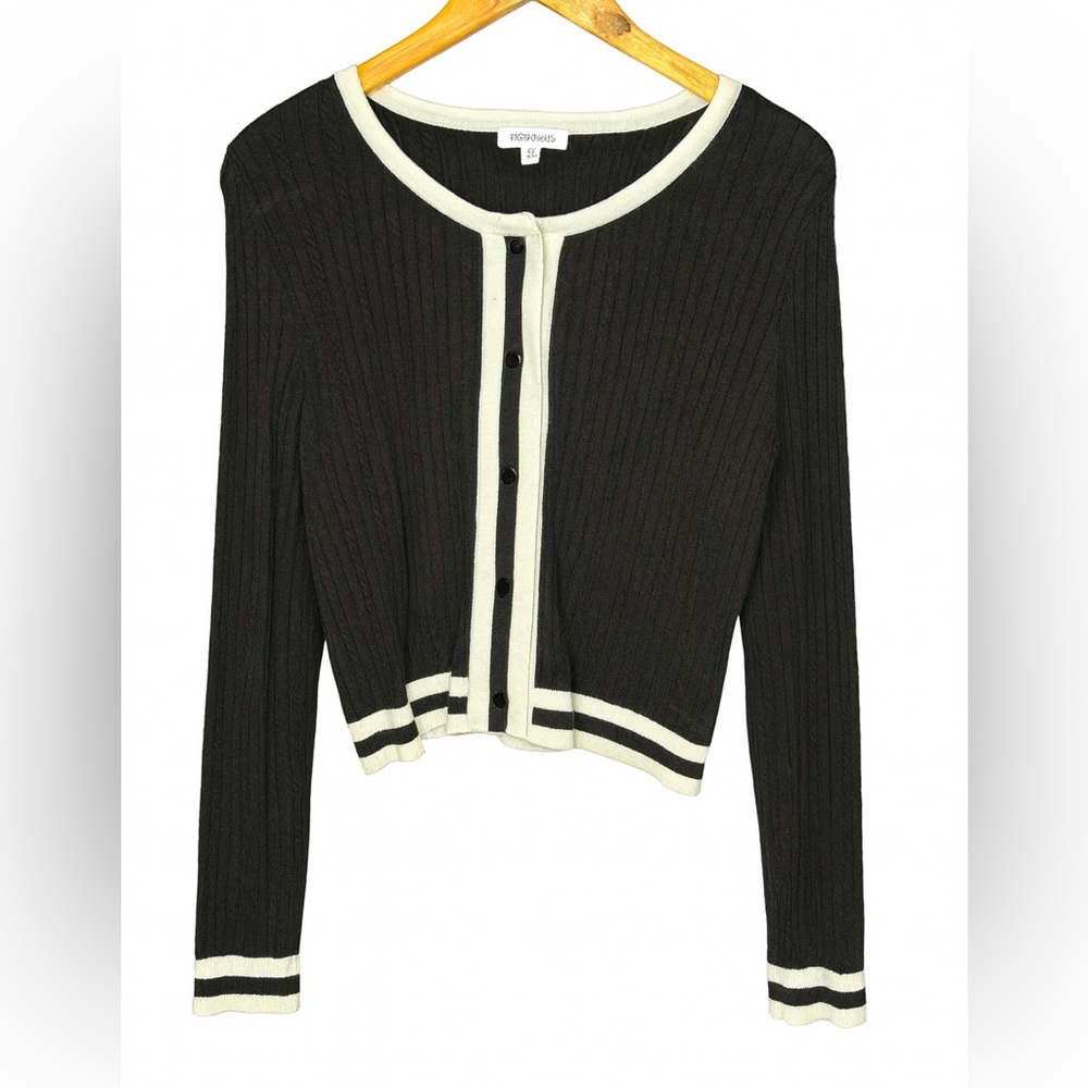 Black & White Button Front Ribbed Cardigan Sweater